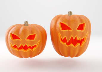 Halloween pumpkins on a white background. Two pumpkins with carved faces. Jack lanterns. Halloween celebration. Halloween holiday. 3d image.