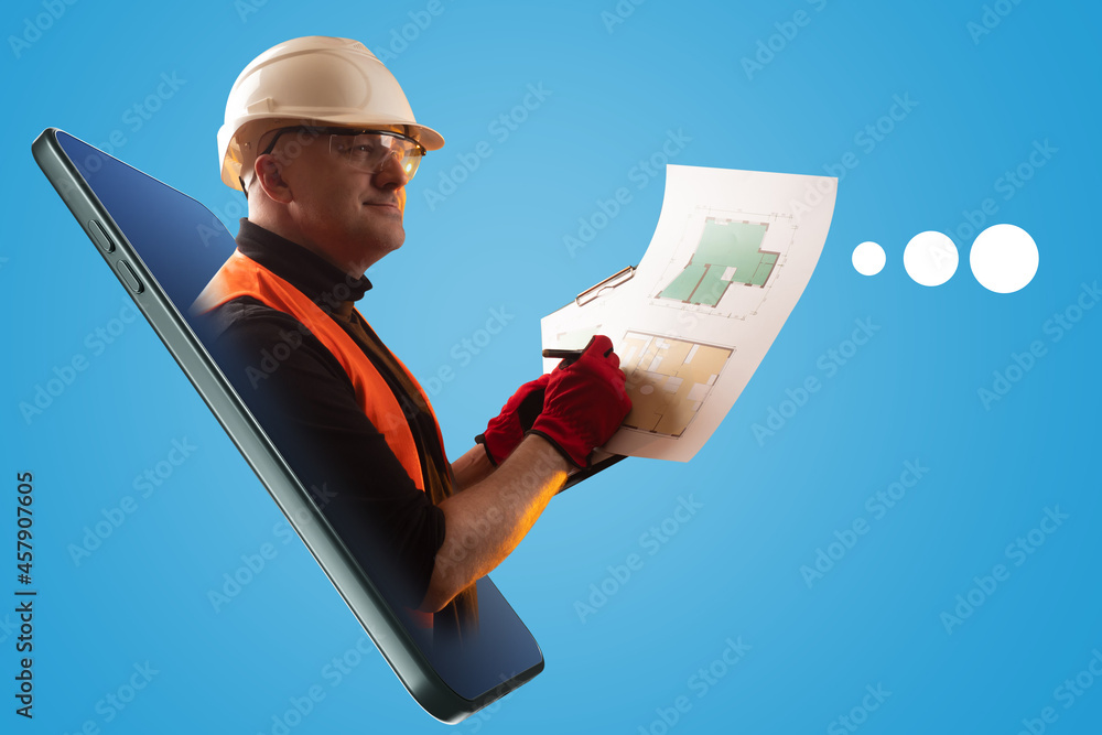Poster builder with a building plan in his hands. engineer on the background of a smartphone. accepting ord