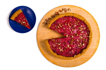 piece of whole. Piece of pie. Cheese cake top view. Fruit pie with cut piece.