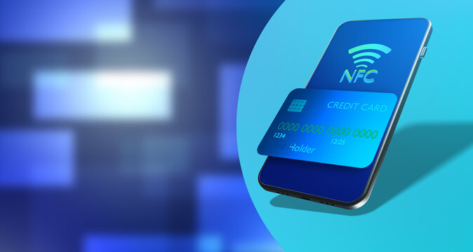 NFC payment. Near field communication technology. Credit card on the smartphone screen. The concept of contactless payments in blue. Contactless payment using a mobile phone. Place for text. 3d image