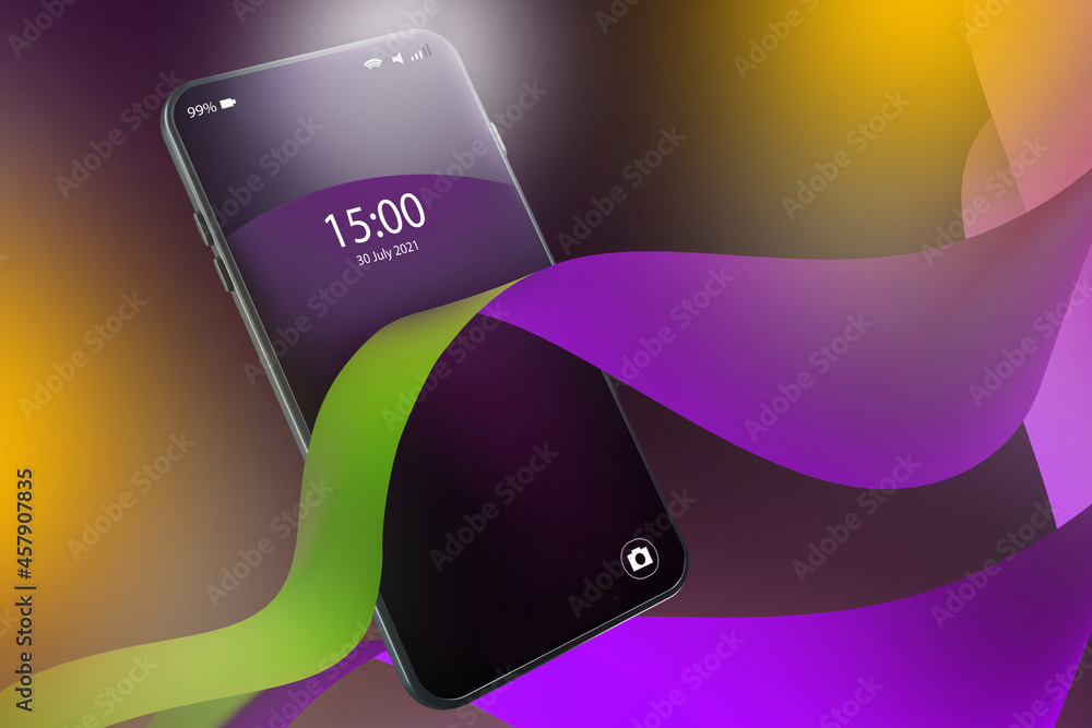 Aufkleber smartphone on lilac background. mobile phone with the date and time. date and time on the cell phone