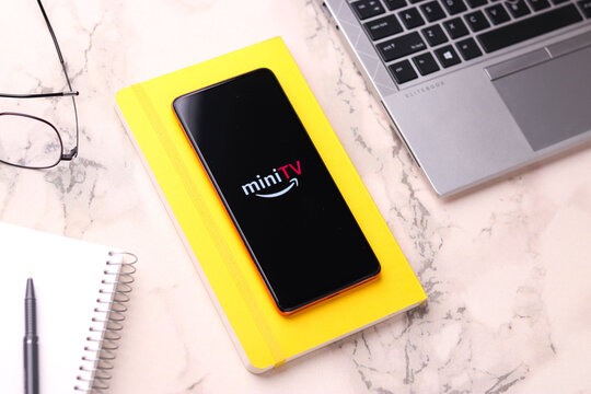 Assam, india - May 18, 2021 : Amazon mini TV logo on phone screen stock image.