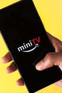 Assam, india - May 18, 2021 : Amazon mini TV logo on phone screen stock image.