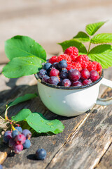raspberries and irga in a white mug lie. High quality photo