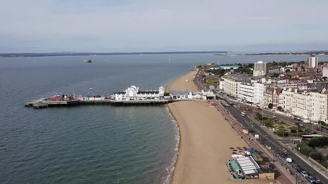 Southsea Beach and Seafront aerial footage heading towards Southsea Castle with the Isle of Wight in the background.