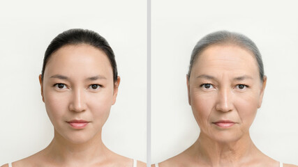 The concept of aging women. Comparison of young and old. portrait of an Asian woman. cosmetic...