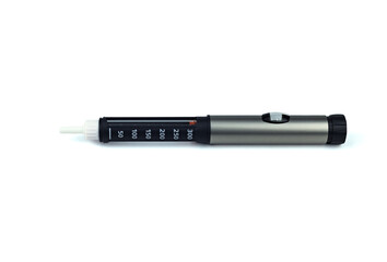 Insulin pen, injector pen on white background. Сlose-up, isolated 