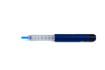 Insulin pen, injector pen on white background. Сlose-up, isolated 