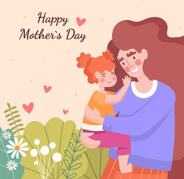 Happy Mother day card. Greeting card for holiday. Cute images with love. Girl holds her daughter in her arms and smiles, happy family. Caring for your loved ones. Cartoon flat vector illustration