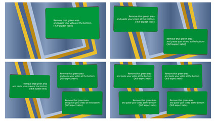 Editable set of 4 video overlay blanks. Removable green screen template to embed your video or photo. Abstract style. 16:9 aspect ratio. Isolated white background