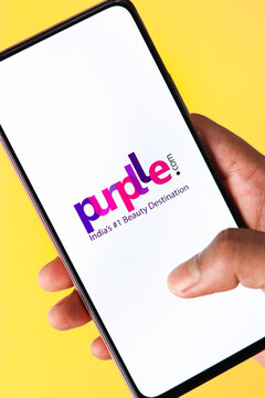 West Bangal, India - August 21, 2021 : Purplle logo on phone screen stock image.
