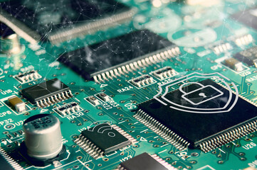 printed circuit board with active and passive surface mounted components close up. Cyber security...
