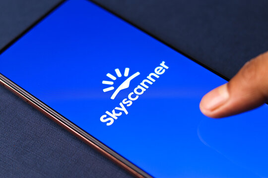 West Bangal, India - August 21, 2021 : Skyscanner logo on phone screen stock image.