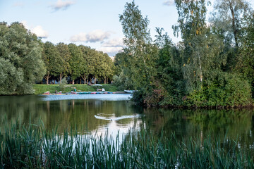 Fototapeta premium Lake in the park. Green trees, islands, on a pond. People are relaxing and boating. Reflection on the water. Day. Autumn. Russia.