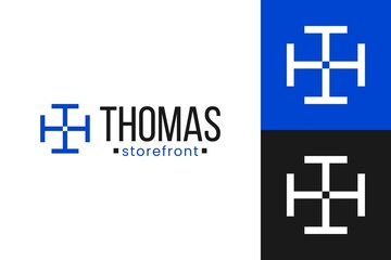 T window logo. Storefront design company, interior in blue. Stock template, icon.