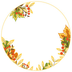 design element with a round frame of autumn leaves and berries, autumn frame