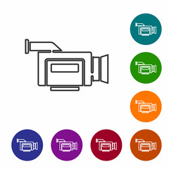 Black line Cinema camera icon isolated on white background. Video camera. Movie sign. Film projector. Set icons in color circle buttons. Vector