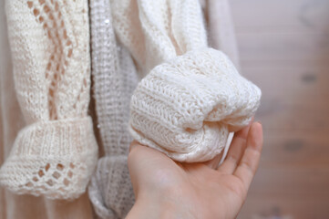 Close up of cozy warm sweaters copy space 