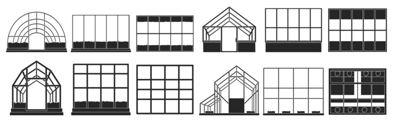 Greenhouse vector illustration on white background. Isolated black set icon glasshouse. Vector black set icon greenhouse