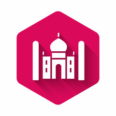 White Taj Mahal mausoleum in Agra, Indiaicon isolated with long shadow. Pink hexagon button. Vector