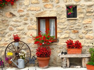 Beautiful picturesque image of the ancient stone house with red geranium flowers, old weel and a cosy sleeping cat 