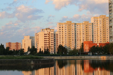 City pond in Zelenograd administrative district in Moscow, Russia. Beautiful sunrise