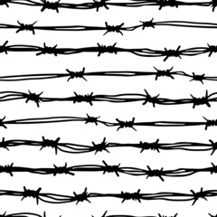 Black ink thin outline barbed wire isolated on white background. Monochrome linear seamless pattern. Vector simple flat graphic hand drawn illustration. Texture. - obrazy, fototapety, plakaty