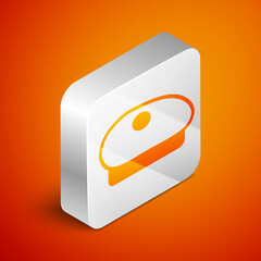 Isometric French beret icon isolated on orange background. Silver square button. Vector