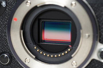 A digital mirrorless camera sensor close-up. Micro 4/3rd size. 