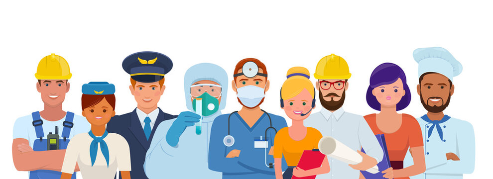 A group of people of different professions. Character design for doctors, pilot and stewardess, cook, repairman, engineer, builder and secretary. Flat vector illustration.