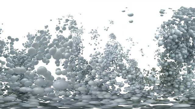 Bubble Burst - foaming white and grey balls balloons explosion. White and grey foam spheres in slow motion macro fisheye wide-angle lens close up shot isolated on white. Alpha channel 60 fps 4k