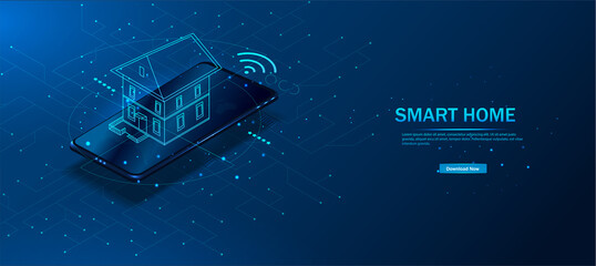 Smart home is a controlled smartphone. The technology of the home automation system. The house standing on the mobile phone screen.