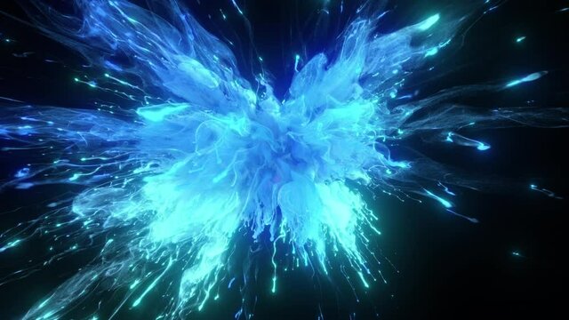 Color Burst - Colorful blue smoke powder explosion with zoom in and out effect. Coloured glowing fluid ink particles in slow motion. Isolated on black background. Alpha matte 4k.