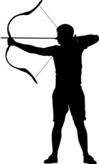 Black silhouette of a male archer aiming with a traditional bow