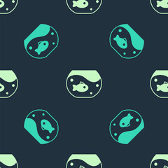 Green and beige Aquarium with fish icon isolated seamless pattern on blue background. Round glass aquarium. Aquarium for home and pets. Vector