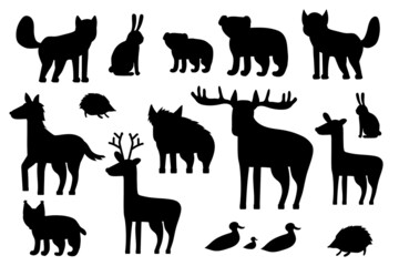 Set of black silhouette forest animals. Cartoon isolated vector fox, wolf, bear, bear cub, elk, deer, fallow deer, hedgehog, hare, duck, duckling, lynx, horse, wild boar