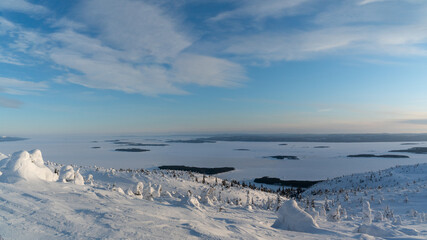 Winter landscape with snow-covered trees. Kandalaksha. Murmansk region. Volosyanaya mountain