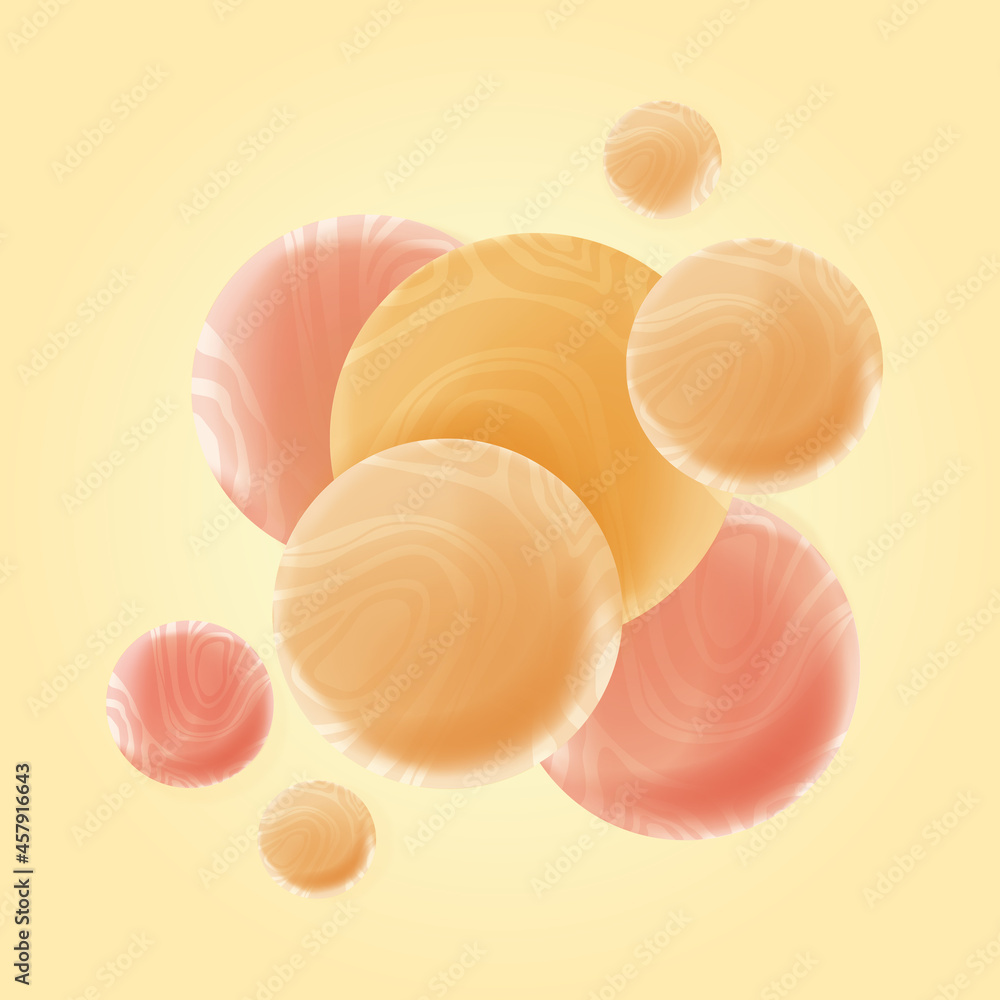 Aufkleber composition of soft colorful spheres. poster with orange and pink textured bubbles. realistic design