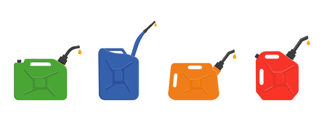 Gasoline jerrycans with leaking petrol drops. Set of gas canisters, fuel containers isolated on white background. Vector cartoon illustration.