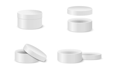 Round cardboard boxes for gifts, hats, sweets, cookies. Closed and open silver cylinder packages isolated on white background. Vector realistic illustration.