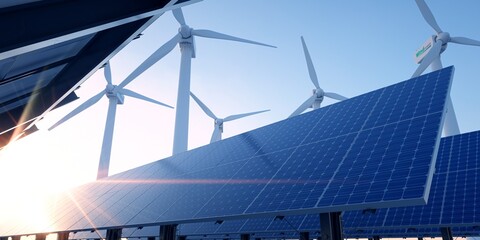 Solar panels with wind turbines in the background. 