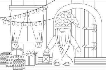 Coloring book for the winter holidays Christmas and New Year. The Christmas gnome collects gifts in the house.