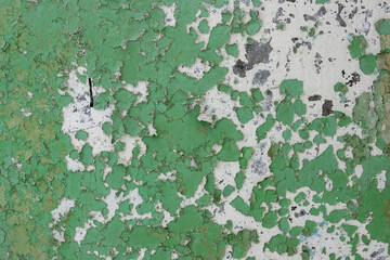 Green peeling paint on the wall. Old concrete wall with cracked flaking paint. Weathered rough painted surface with patterns of cracks and peeling. High resolution texture for background and design.
