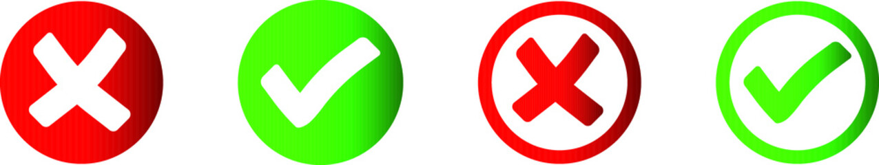 Check mark and X mark icon. Checkmark and x mark icon for apps and websites. Green and red check mark icon on white background