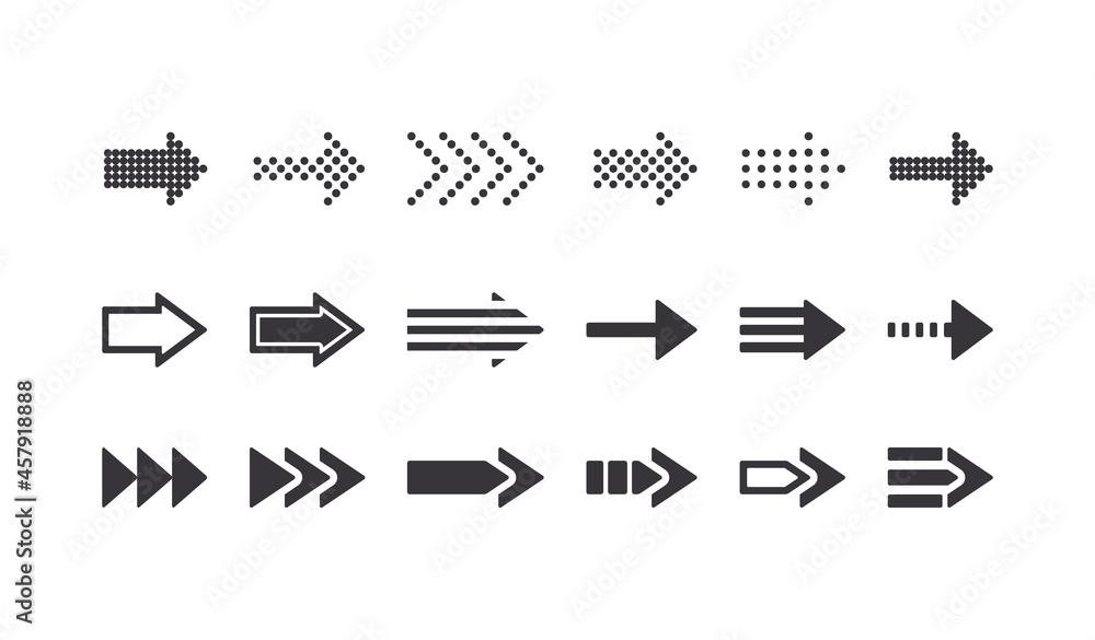 Poster set of arrow signs, rewind icons graphic design elements for website navigation, cursor symbols and 