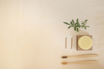 Fototapeta na wymiar flat lay with copy space with biodegradable and natural hygiene items, clean beauty concept, minimalism