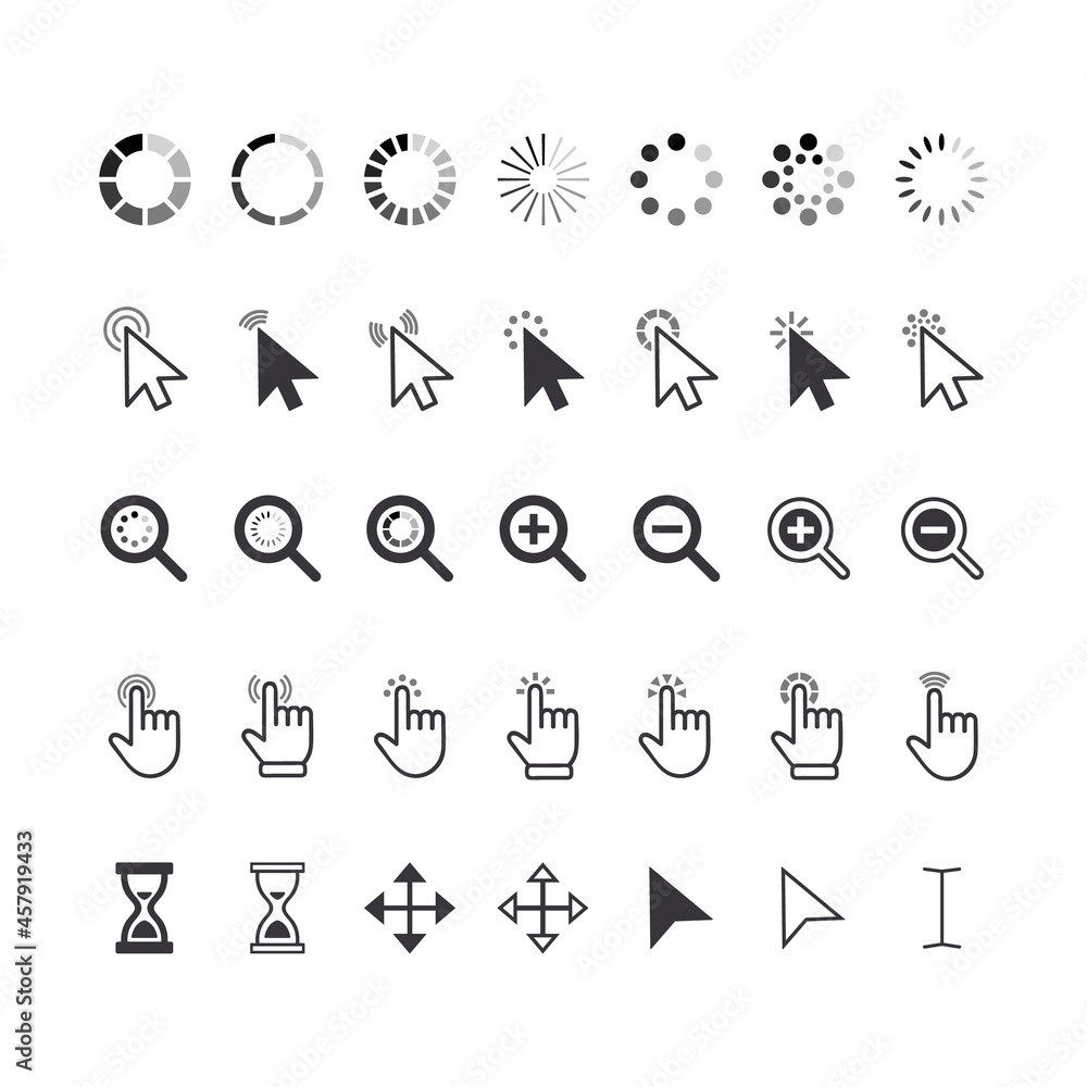 Poster set of icons cursor pointers, click arrows, fingers, magnifiers and hourglass clocks. elements for w
