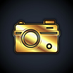 Gold Photo camera icon isolated on black background. Foto camera. Digital photography. Vector