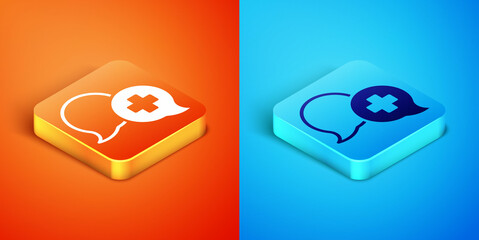 Isometric Dialogue with the doctor icon isolated on orange and blue background. Doctor and patient dialog. Consulting about medical health services. Vector
