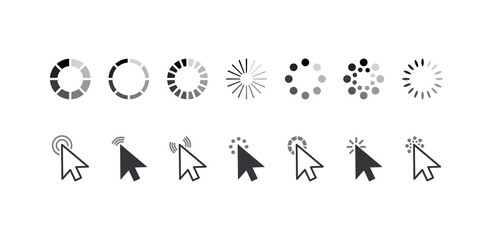 Set of Icons Cursor Pointers, Click Arrows, and Loading Process Circles. Graphic Elements for Website Navigation,